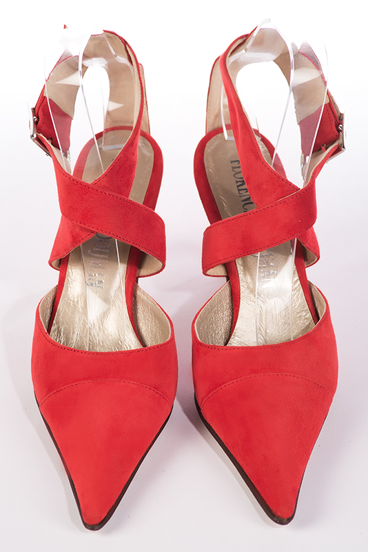 Scarlet red women's open back shoes, with crossed straps. Pointed toe. High slim heel. Top view - Florence KOOIJMAN